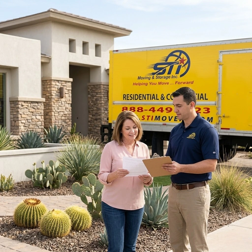 STI Movers Phoenix customer reviewing moving estimate with branded yellow truck outside a Phoenix home